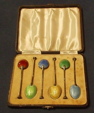 A set of 6 silver and enamelled coffee spoons, Birmingham 1941, cased