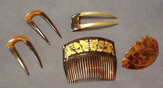 A lady's 1920's tortoiseshell and inlaid gold hair slide, decorated butterflies together with 4 others