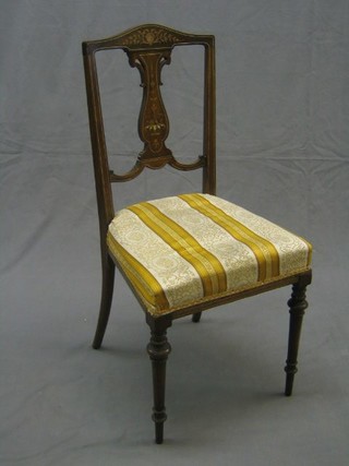 A set of 3 Edwardian inlaid rosewood bedroom chairs with vase shaped splat backs and upholstered seats, on turned supports