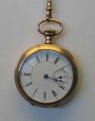 A lady's gold plated open faced pocket watch with Roman numerals and subsidiary second hand, hung on a fine gold chain