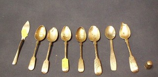 A collection of 7 scrap silver teaspoons, do. silver butter knife and a thimble