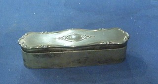 A rectangular embossed silver dressing table jar lid and a silver plated base 6 1/2"