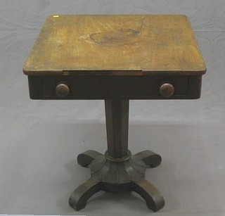 A William IV mahogany pedestal table fitted a drawer with tore handle, raised on chamfered supports with rounded base and scrolled feet 25"