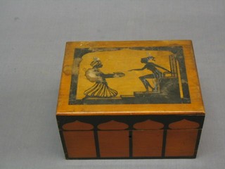 An Art Nouveau painted mahogany twin section tea caddy with hinged lid painted an Eastern court scene (some damage to lid) 8 1/2"