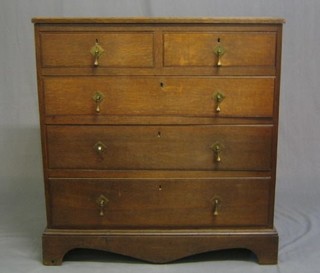A 19th Century oak chest of 2 short and 3 long drawers, raised on bracket feet with brass drop handles 37"
