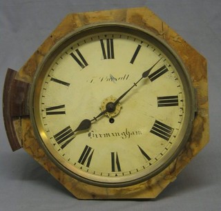 A 19th Century single fusee alarm wall clock with 5 pillar movement, 4 1/2" plain brass back plate, striking on a bell, the 12" circular painted dial with Roman numerals and alarm setting, marked T Pursall of Birmingham