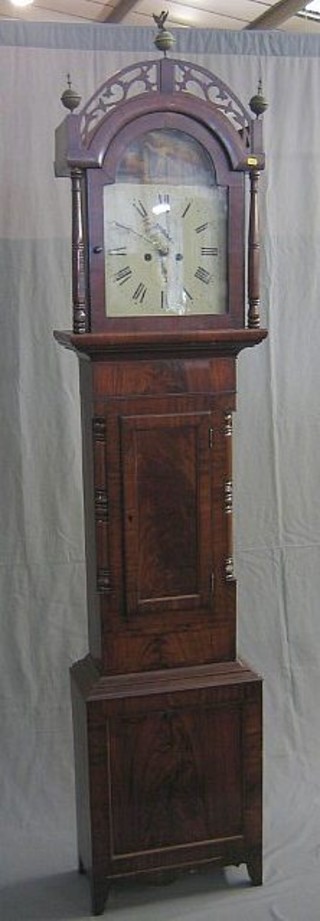 An 18th Century 8 day striking longcase clock, with 13" arch shaped dial, the arch painted Daniel in the Lions Den, with Roman numerals, minute indicator and calendar hand by Barr of Cenasl Upon Tyne (name barely visible) contained in a mahogany case surmounted by 3 brass balls, raised on bracket feet 92" (requires some attention)