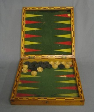 A wooden marquetry folding chess board/backgammon board 13"