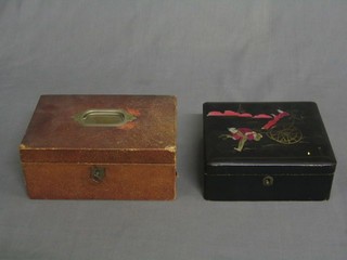 A red leather jewellery box with hinged lid and an Oriental lacquered jewellery box 8"