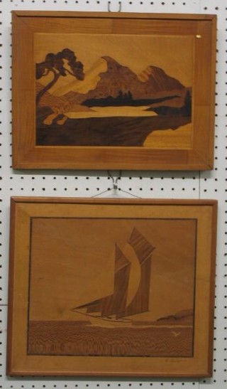 A pair of 1930's parquetry pictures  "Sailing Boat in Full Sail" and "Mountain Range", 8" x 10"