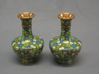 A  pair of 19th/20th Century cloisonne enamelled vases of club form 8"