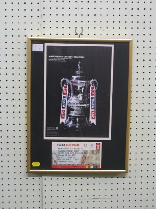 A 2004 Manchester Utd V Millwall FA Cup Final programme to the reverse of a framed ticket and photocopy of front of programme