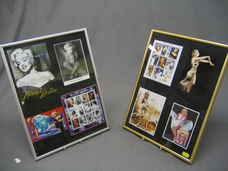 2 frames containing Marilyn Monroe stamps and postcards 16" x 12"