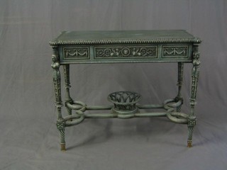 A pair of blue painted Adam style side tables fitted a drawer  raised on supports in the form of ladies with tracery stretcher, the centre fitted a basket 36"