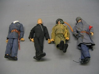 An Action Man figure in German uniform (hand f), an Action Man figure in RAF Pilot Officer's uniform (head f), an Action Man figure of a Commando Sargent with respirator, an Action Man figure in Atomic Man outfit,