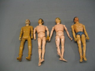 A 1975 brown haired talking Action Man figure with movable eyes, blue trunks (sound box f), a blonde haired Action Man figure and a brown haired ditto with moving eyes (hand f), together with a Ronald Regan Action Man figure (f)