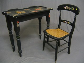 A painted pine side table, raised on turned supports 33" together with a matching bar back chair with woven cane seat