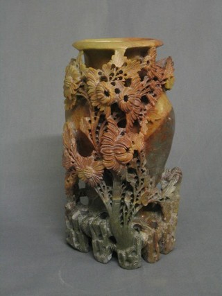 A 19th Century soap stone vase with pierced floral decoration 10"