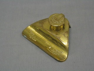 An Art Nouveau brass inkwell with pen receptical, the base marked Ges Gesch, 6"