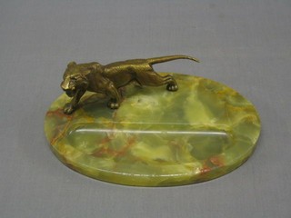 An Art Deco gilt bronze and green onyx ashtray with tiger by Asprey's 10"
