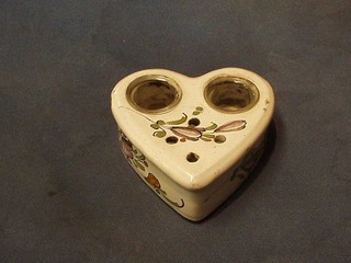 A 19th Century Rouen heart shaped double inkwell with glass wells and 3 pen recepticals 5"