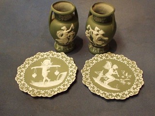 2 Wedgwood green Jasperware style plaques decorated mythical figures 6" and 2 similar vases 9"
