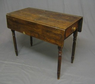 A 19th Century elm Country Pembroke table fitted a frieze drawer, raised on turned supports 37"