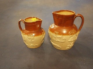 2 stoneware hunting harvest jugs, 6" and 7"