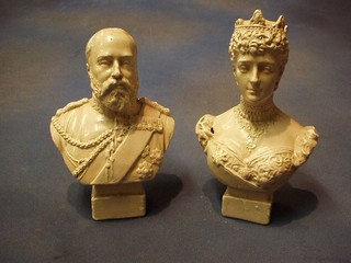 A pair of head and shoulders plasters busts of King Edward VII and Queen Alexandra, the reverse marked R and D? 9"