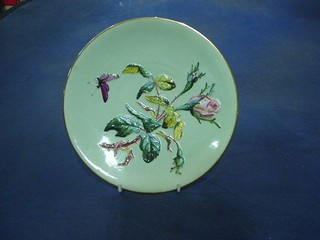 6 Victorian circular green glazed porcelain plates decorated flowers 9"