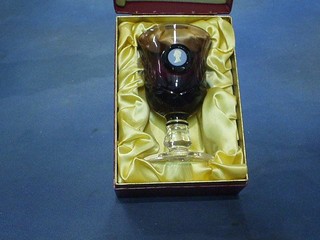 A Wedgwood 1978 limited edition plumb coloured glass goblet to commemorate the Queens Jubilee, boxed