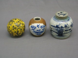 An Oriental blue and white ginger jar and cover 7", 1 other and a porcelain globe with floral decoration, the base marked Indian Jade