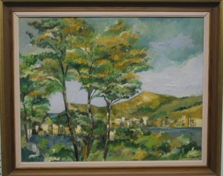 20th Century Continental School, oil painting on board "Mountain by a Lake" 16" x 20" indistinctly signed