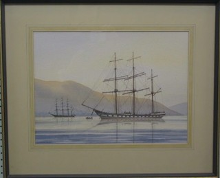 J Ingham Riley, watercolour "The Iron Ore Ship, Nitrate at Anchor" 12" x 17"