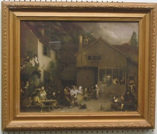 A 19th Century coloured print "Old Master Tavern Scene with Raucous Figures" 13" x 17" contained in a gilt frame