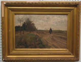 A 19th Century Continental oil painting on board, impressionist scene "Figure Walking in Countryside" 10" x 14", indistinctly signed