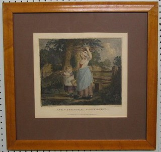 A reproduction 18th Century coloured print "Industrious Cottages" 8" x 10" in a simulated maple frame