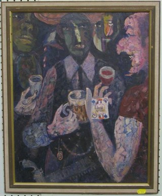 Francis Pospisil, modern art oil on board "Bar Scene with Cowboys 18" x 15"