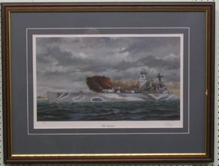 A limited edition coloured print after Ivan Berryman  "HMS Rodney in Action" signed in the margin and with blind proof stamp 10" x 18"