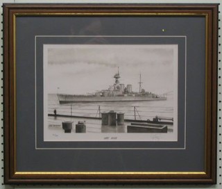 A monochrome print after Ivan Berryman "HMS Hood off Rosyth" signed in the margin and with blind proof stamp, 8" x 12"