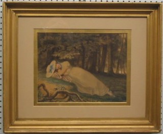19th Century coloured print "Reclining Lady in Wooded Area" 10" x 12"