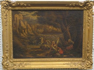 18th Century Italian School, oil painting on canvas "Study of Storm/End of the World with Lightning, Figures Driving Cattle and Figures Sheltering" indistinctly signed  15" x 21" contained in a gilt frame