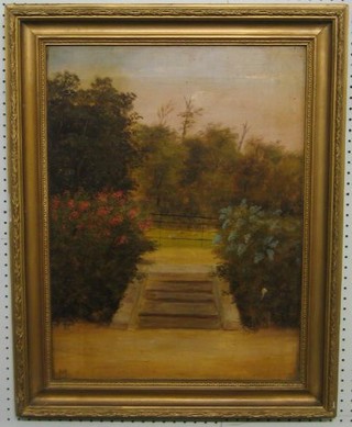 A 19th Century oil painting on canvas "Country House Garden with Steps and Railings" 24" x 17" monogrammed ML?