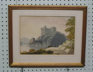 A 19th Century Continental watercolour drawing "Castle by Lake with Mountain in Distance" 7" x 10"
