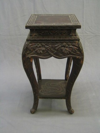 A Eastern carved hardwood square  2 tier jardiniere stand, raised on cabriole supports 14"