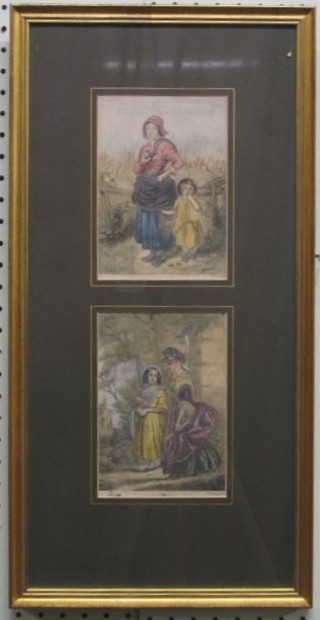 A pair of 18th/19th Century Baxter coloured prints "Lady Farmer" 6" x 4" contained in 1 frame