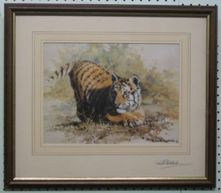 A limited edition coloured print  after David Shepherd "Seated Tiger" signed in the margin and signed on the reverse To Jennifer My Best Wishes David Shepherd 9" x 12"