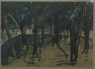 Lancad, a coloured print "Avenue with Trees, Bridge in Distance" 17" x 24"