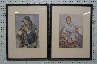 Bodmar, watercolour drawing "Continental Country Gentleman" 11" x 7" and another "Lady Apple Seller" 11" x 7"