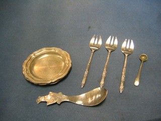 An Eastern silver spoon, 3 Eastern silver plated forks and 3 silver plated dishes